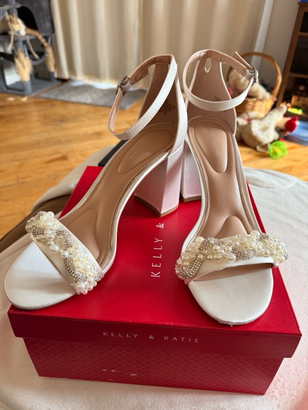 Kelly & Katie Ivory Pearl & Bead Embellished Ankle-Strap Block Heels
